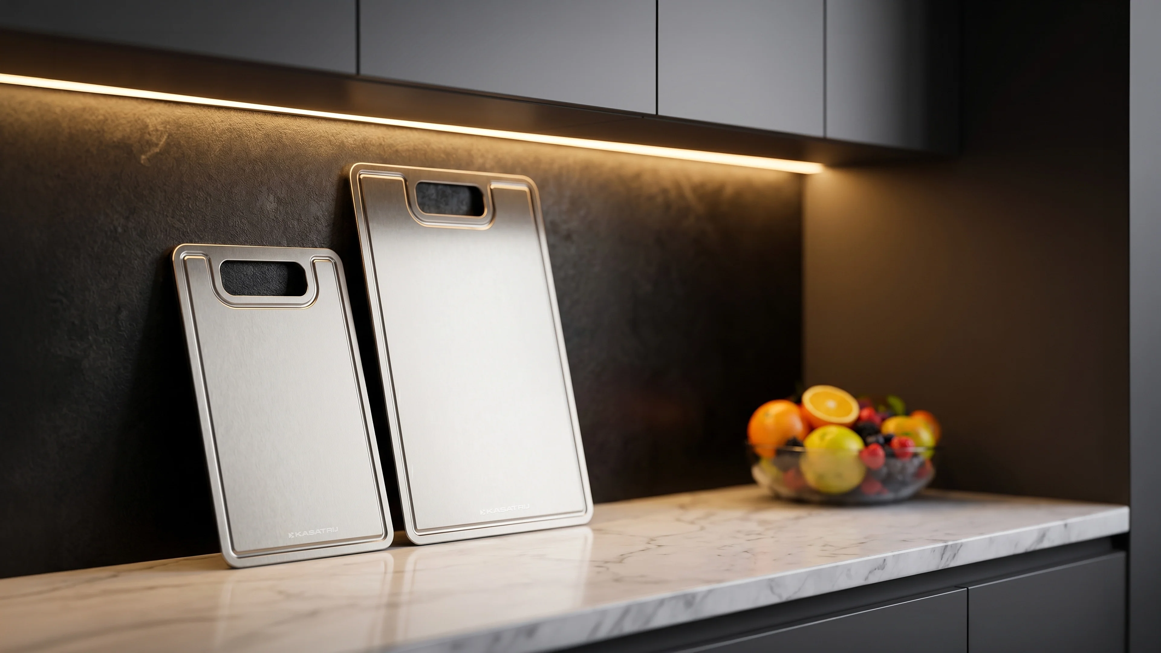 KASATRIJ cutting board dimensions: available in 15×11 in and 12×8 in, 2mm thick