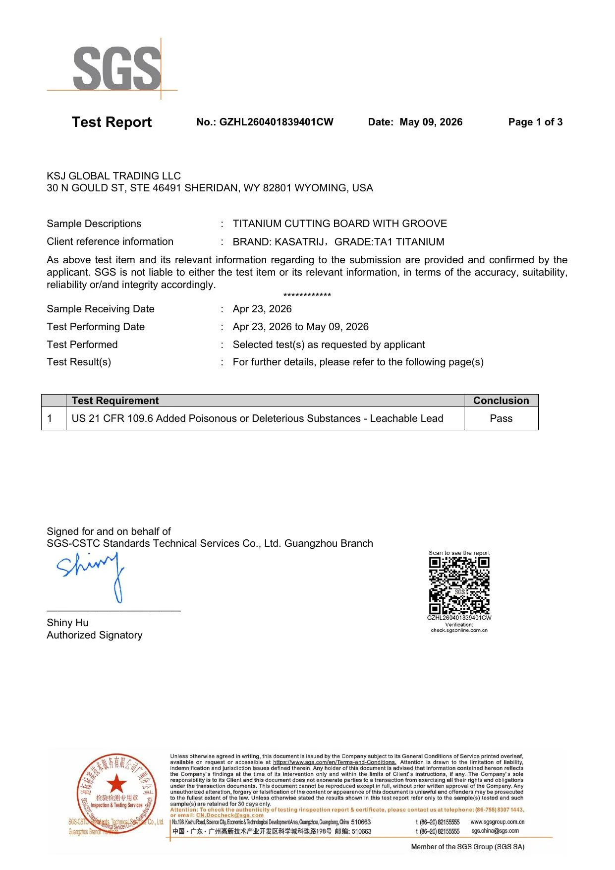 SGS FDA Complete Leachable Lead Test Report, page 1 of 3