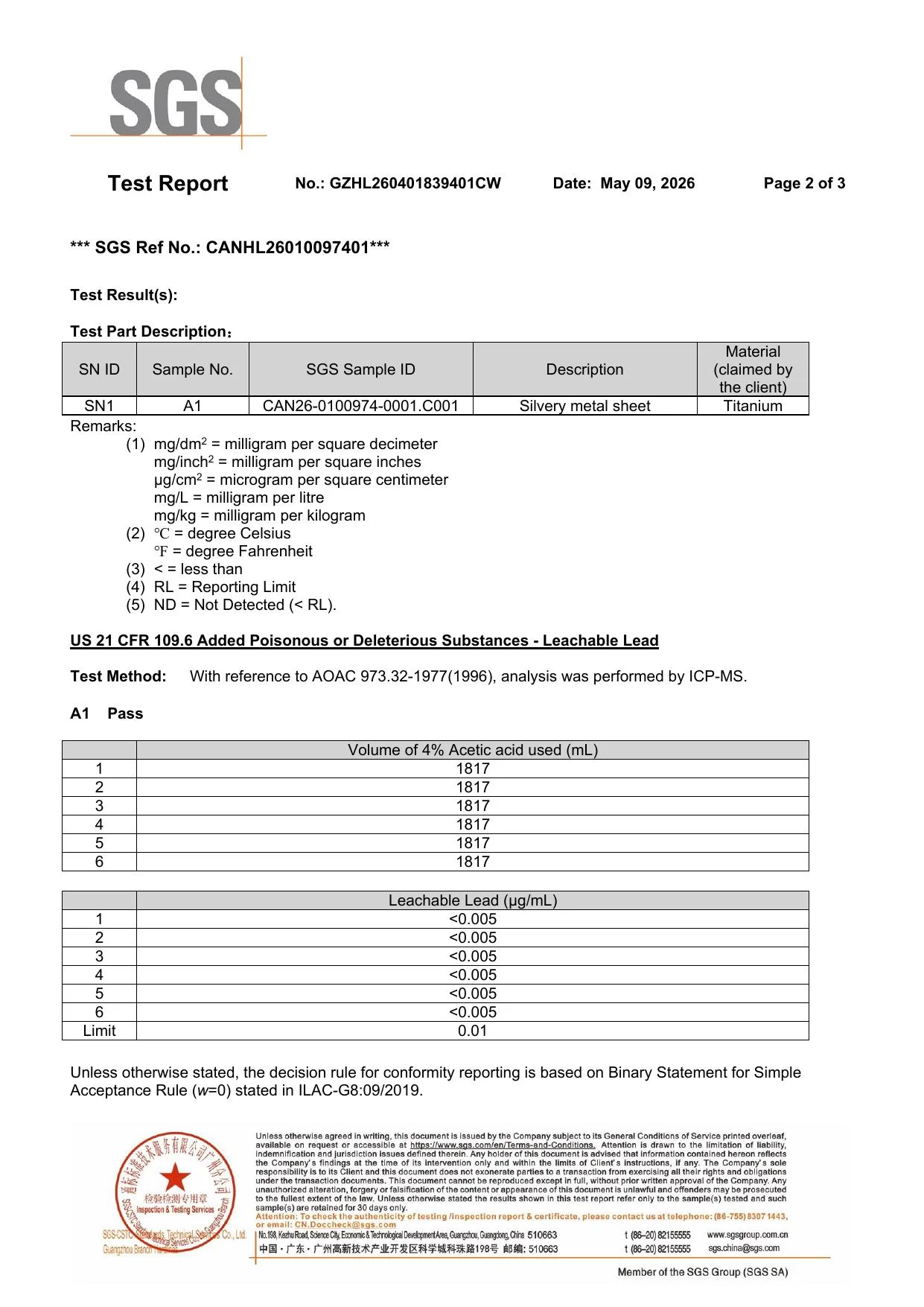 SGS FDA Complete Leachable Lead Test Report, page 2 of 3