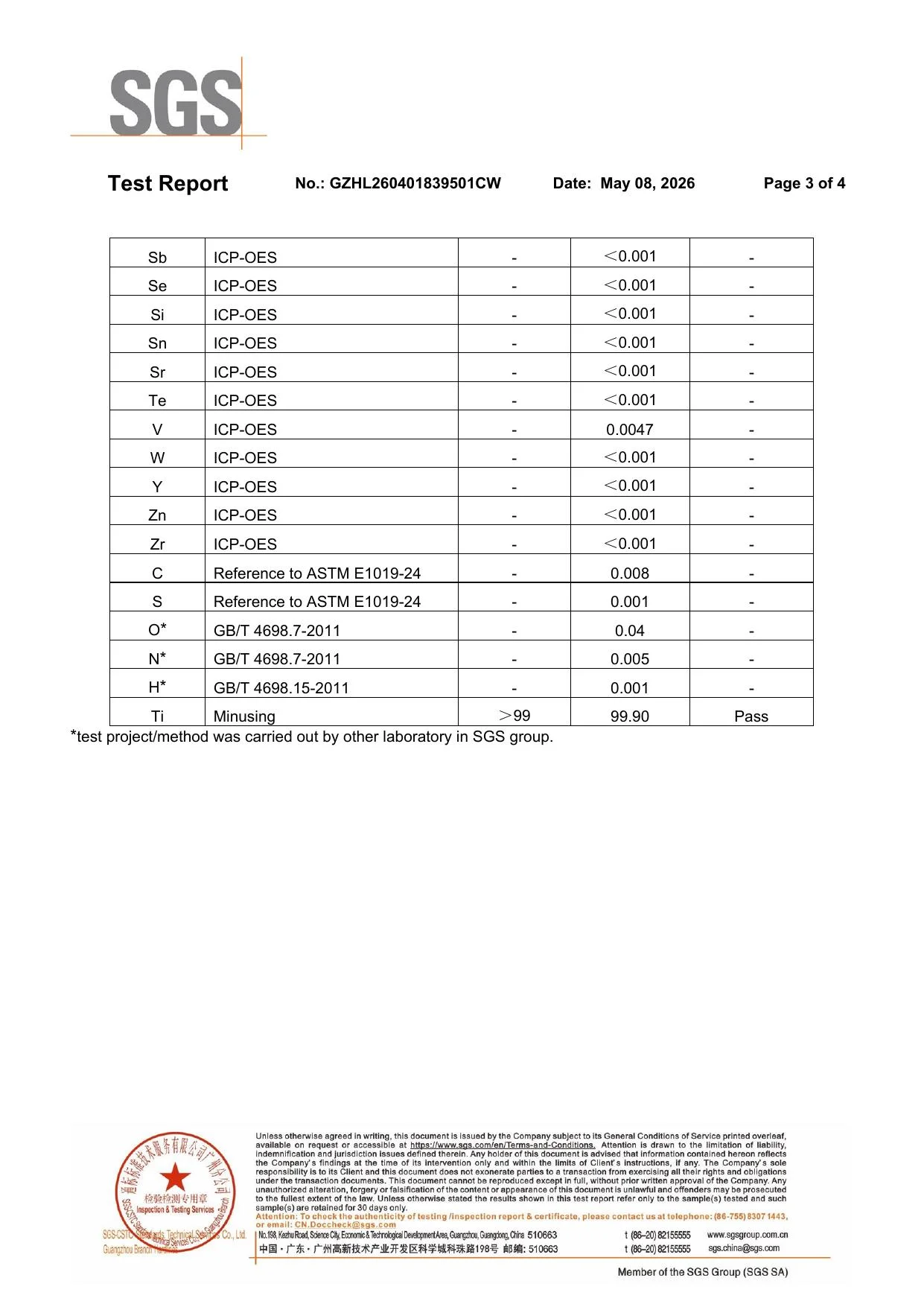 SGS Titanium Test Report, page 3 of 4